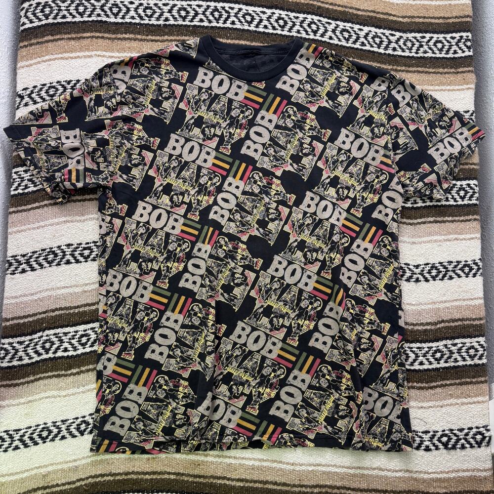 Men's Vintage 2000's Bob Marley Black Reggae AOP All Over Print Tee Shirt Sz XL